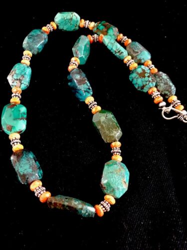 Navajo Green Turquoise Spiny Oyster Bead Necklace | Sterling Silver | Southwestern Handmade | 22" | 3221