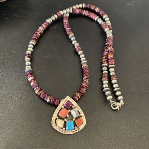 Navajo Multi-Color Multi-Stone Pendant | Authentic Native American Sterling Silver | Purple Spiny Oyster Necklace | 12356