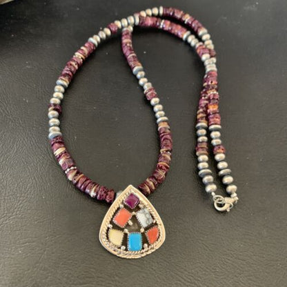 Navajo Multi-Color Multi-Stone Pendant | Authentic Native American Sterling Silver | Purple Spiny Oyster Necklace | 12356