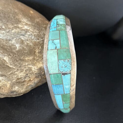 Native American Men's Blue Green Turquoise Inlay Bracelet | Sterling Silver | 14529