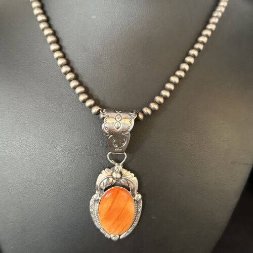 Navajo Orange Spiny Oyster Pendant Necklace | Sterling Silver | Authentic Native American Handmade | 14682