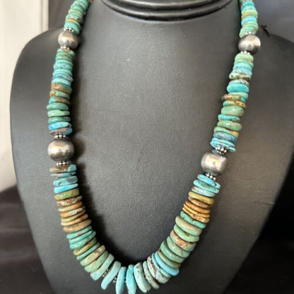 Navajo Blue Green Turquoise Bead Necklace | Sterling Silver | Graduated | Authentic Native American | 20" | 14240