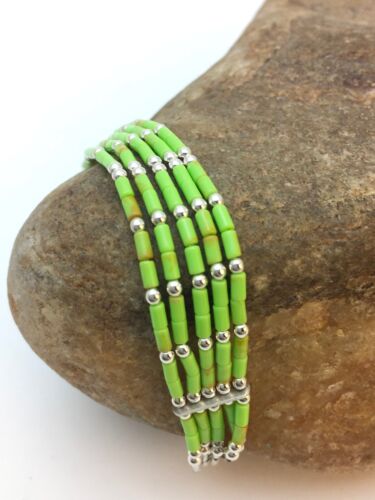 Handmade Liquid Silver Green Gaspeite Heishi Bracelet | Sterling Silver | 5-Strand | 7" | 13606