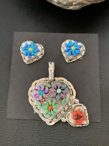 Zuni Multi-Color Opal & Mother of Pearl Necklace Pendant Earrings Set | Sterling Silver | Authentic Native American Handmade | 12560