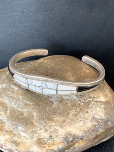 Men's Sterling Silver White Buffalo Turquoise Onyx Inlay Bracelet | Authentic Native American Handmade | 12101