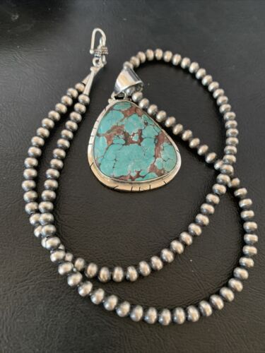 Men's Navajo Pearl Necklace with Blue Spiderweb Turquoise Pendant | Sterling Silver | 10543