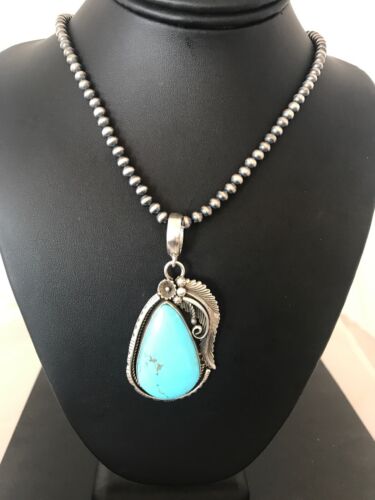 Kingman Turquoise Pendant | Navajo Pearls Sterling Silver Necklace | Authentic Native American Handmade | 8573