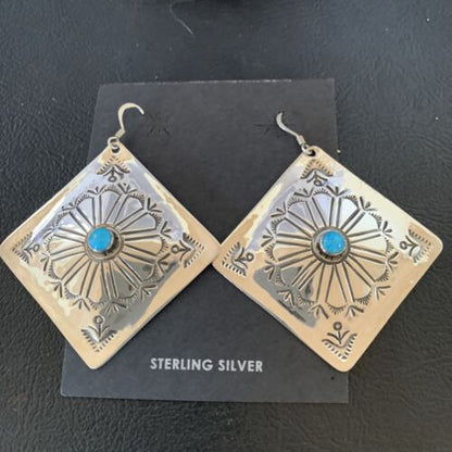 Navajo Blue Turquoise Earrings | Stamped Sterling Silver | Authentic Native American Handmade | 13369