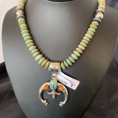 Navajo Pearl Necklace with Sterling Silver Green Turquoise & Spiny Oyster Naja Pendant | 11700