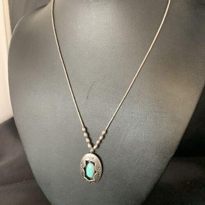 Navajo Blue Turquoise Shadowbox Pendant | Sterling Heishi Necklace | Authentic Native American Handmade | 13690