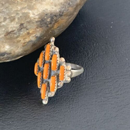 Navajo Orange Spiny Oyster Cluster Ring | Authentic Native American Sterling Silver | Multi-Stone | Sz 7.5 | 11927