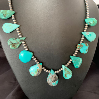 Southwestern Navajo Pearls Necklace | Sterling Silver Blue Turquoise Teardrop | 13149