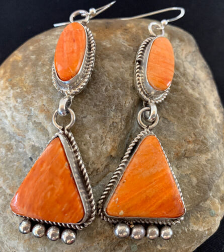 Navajo Orange Spiny Oyster Dangle Earrings | Sterling Silver | Authentic Native American Handmade | 199