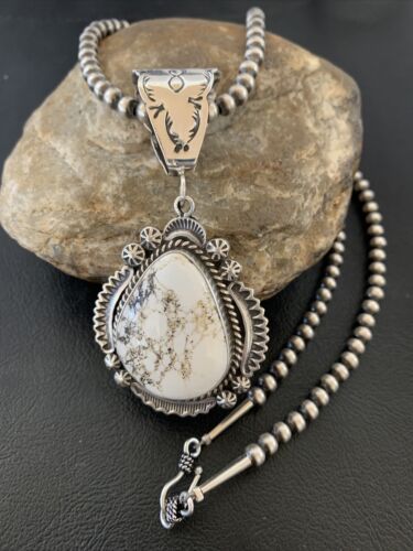 US Mens Navajo Pearl Sterling White Buffalo Turquoise Necklace Pendant 2007