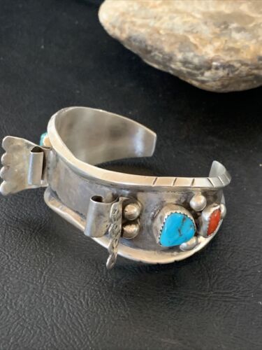 Navajo Sterling Silver Watch Cuff Bracelet | Blue Turquoise & Coral | Authentic Native American Jewelry | 12169