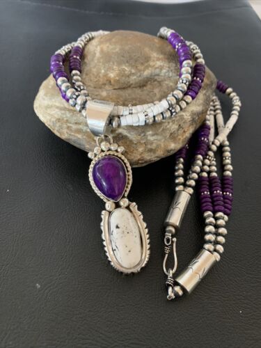 Navajo Sterling Silver Turquoise & Sugilite Beads Necklace Pendant | 23" | Multi-Strand | 01867