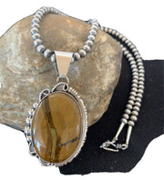 Men's Navajo Pearls Necklace | Sterling Silver | Coffee Tiger's Eye Pendant | Authentic Native American Handmade | 1541