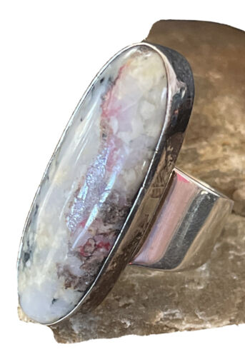 Native American Men's Cinnabrite Ring | Sterling Silver | White Black | Sz 7 | 01568