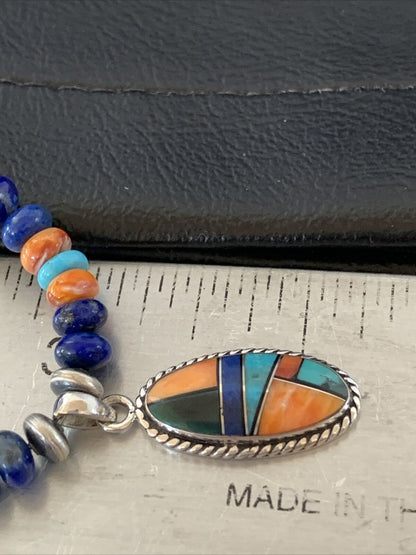 Navajo Native American Multi-Color Turquoise Spiny Inlay Pendant Necklace | Sterling Silver | 10660