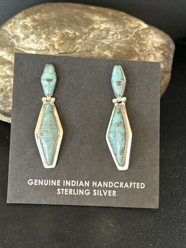 Navajo Blue Turquoise Inlay Earrings | Sterling Silver | 1" | Authentic Native American Handmade | 14775