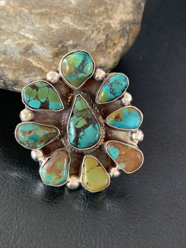 Navajo Green Turquoise Multi-Stone Cluster Ring | Authentic Native American Sterling Silver | Sz 11 | 02195