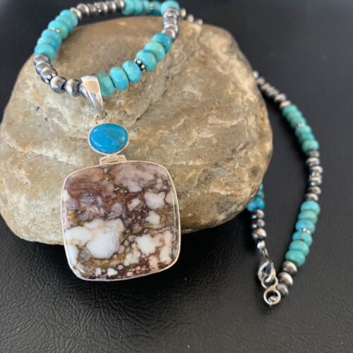 Men's Navajo Pearl Necklace | Sterling Silver | Blue Turquoise & Wild Horse Pendant | 11860