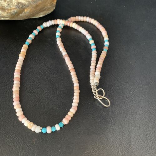 Navajo Blue Turquoise Pink Opal Bead Necklace | Sterling Silver | Authentic Native American Handmade | 22" | 13592