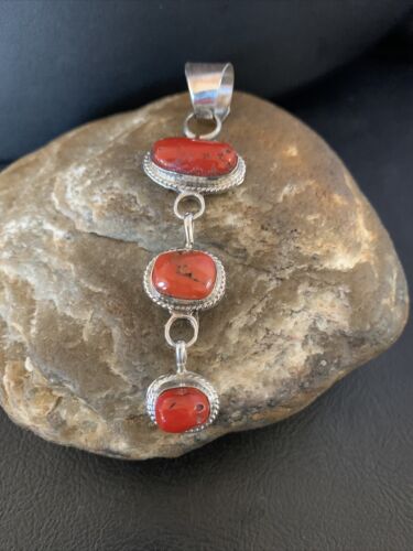 Navajo Red Coral Multi-Stone Necklace Pendant | Authentic Native American Sterling Silver | Multi-Stone | 13245