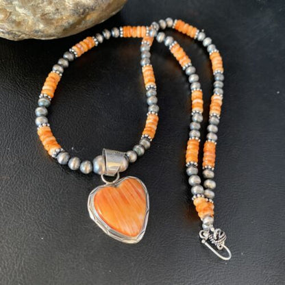Navajo Orange Heart Spiny Oyster Pendant | Sterling Silver Necklace | Authentic Native American Handmade | 13946