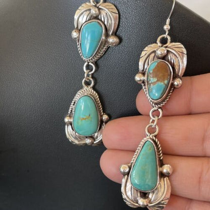 Navajo Royston Turquoise Dangle Earrings | Sterling Silver | Authentic Native American Handmade | 1166