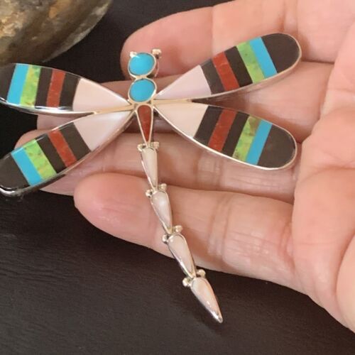 Zuni Coral Turquoise Inlay Dragonfly Necklace Pin Pendant | Sterling Silver | Native American Handmade | 11891