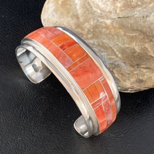 Navajo Red Spiny Oyster Cuff Inlay Bracelet | Sterling Silver | Authentic Native American Handmade | 13659
