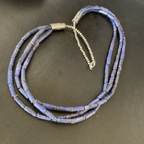Navajo Blue Lapis 3-Strand Necklace | Sterling Silver Tube Beads | 23" | Authentic Native American Handmade | 12690
