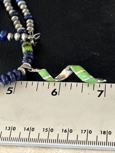 Navajo Green Turquoise Lapis Pendant Inlay Necklace | Sterling Silver | Authentic Native American Handmade | 14635