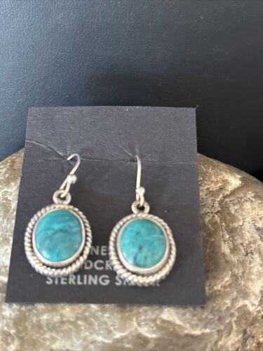 Navajo Blue Turquoise Dangle Earrings | Sterling Silver | 1" | Authentic Native American Handmade | 14772