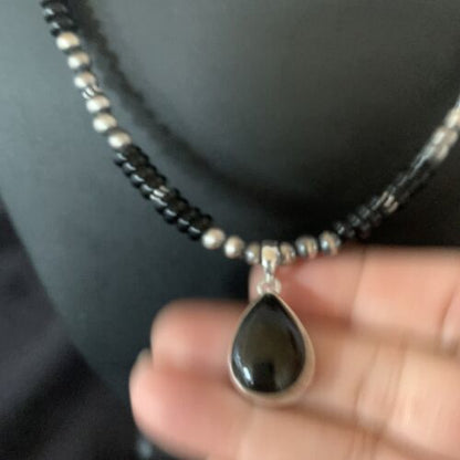 Native American Men's Navajo Pearl Necklace Pendant | Sterling Silver Black Onyx | 11907