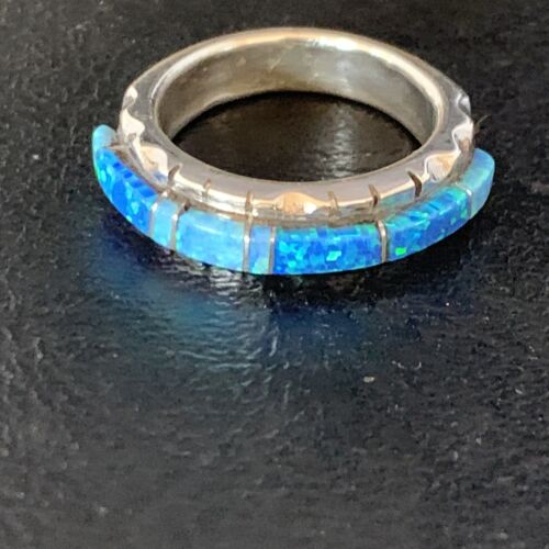 Navajo Blue Opal Inlay Ring | Sterling Silver | Sz 9 | Authentic Native American Handmade | Yazzie | 13533