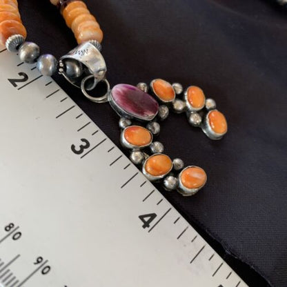 Navajo Sterling Silver Necklace | Orange Spiny Oyster Cluster Naja Pendant | 13165