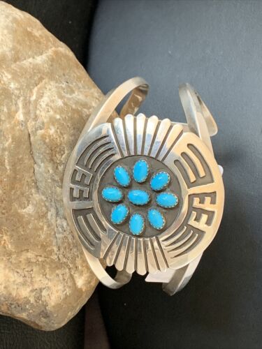 Navajo Sterling Silver Kingman Turquoise Cuff Bracelet | Men's Cluster | Blue | 1651