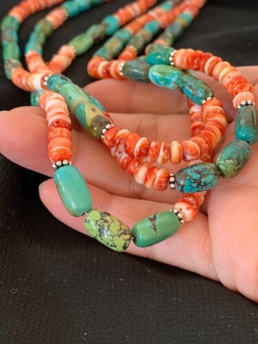 Navajo Green Turquoise Spiny Necklace Set | Sterling Silver | Authentic Native American Handmade | 2979 - Masha USA