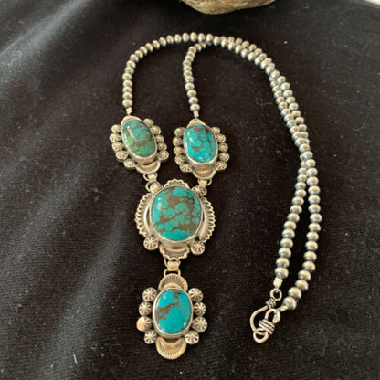 Navajo Lariat Spiderweb Turquoise Pendant Necklace | Sterling Silver | 25" | Authentic Native American Handmade | 01337