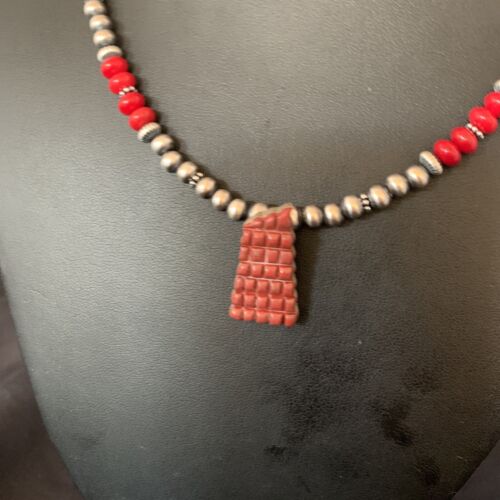 Navajo Red Coral Corn Inlay Necklace Pendant | Sterling Silver | 21" | Authentic Native American Handmade | 12585