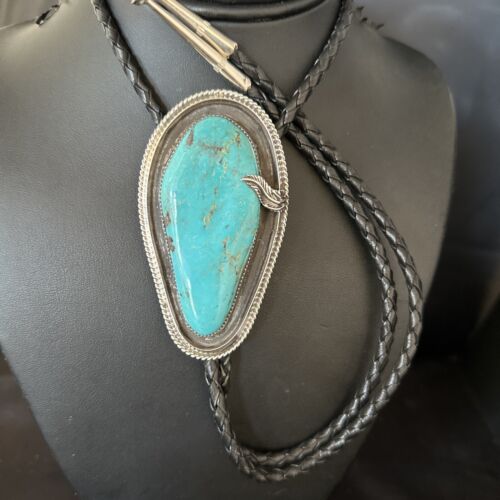 Native American Men's Bolo Tie | Blue Kingman Turquoise | Sterling Silver | Navajo Handmade | 14525