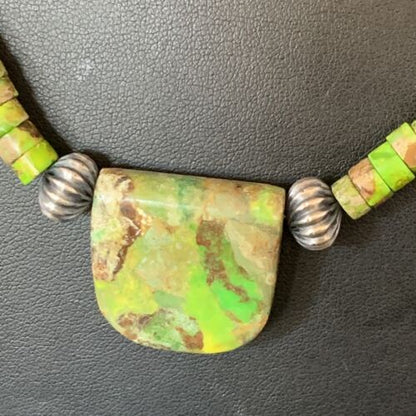 Navajo Green Gaspeite Turquoise Pendant | Sterling Silver | Authentic Native American Handmade | 13940