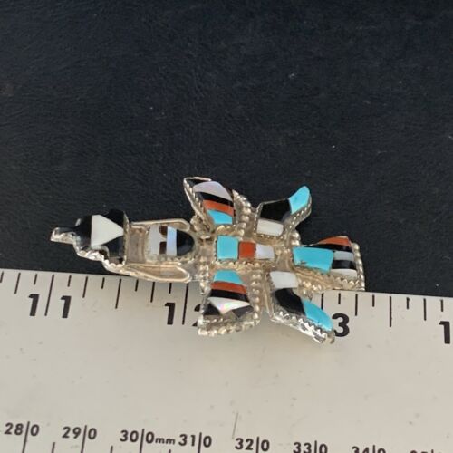 Authentic Native American Zuni Kachina Pin Pendant Necklace | Sterling Silver with Turquoise, Mother of Pearl & Onyx Inlay | 13687