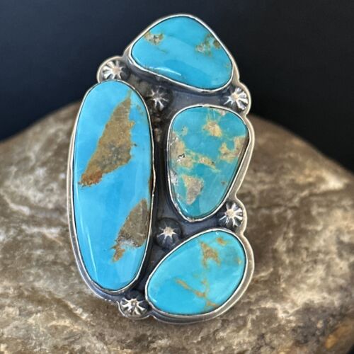 XL Navajo Blue Cluster Turquoise Ring Sz 8 Sterling Silver Adjustable 14319