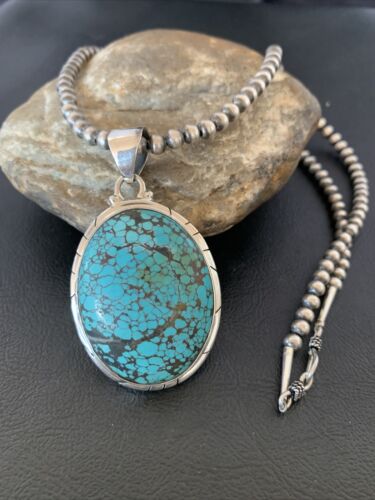 Men Navajo Pearl Sterling Blue Spiderweb Turquoise Necklace Pendant 10537