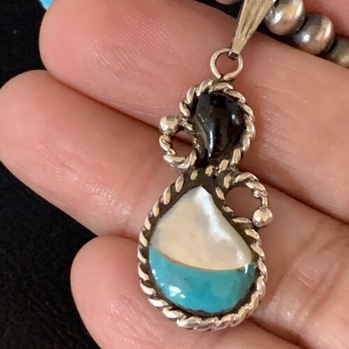 Navajo Mother of Pearl Turquoise Onyx Inlay Pendant Bead Necklace | Sterling Silver | Native American Handmade | 13566