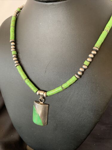 Navajo Green Gaspeite Turquoise Inlay Pendant | Sterling Silver | Authentic Native American Handmade | 12348