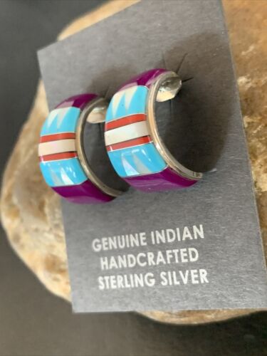 Navajo Multi-Color Turquoise Sugilite Inlay Earrings | Sterling Silver | 0.50" | 12998